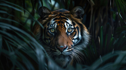 Fototapeta premium A tiger lurks from the shadows of the dense forest foliage