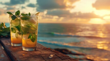 Mojito drinks on wood with ocean shore background.