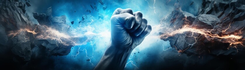 Hand smashing through rock, surrounded by a blue flare, depicting strength and the will to overcome