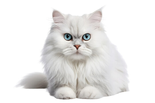 A white Persian cat is sitting on a white background. The cat has blue eyes and a long, fluffy tail.