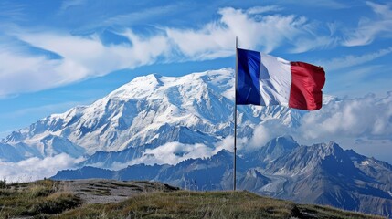 Majestic French Flag Waving Before Snow-Capped Mountain under Blue Sky