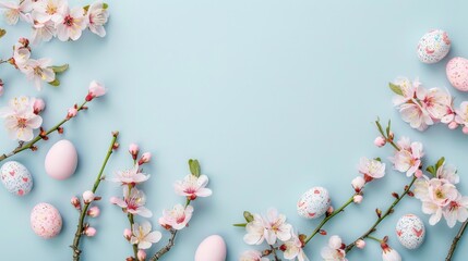 Blue background with pink flowers and eggs