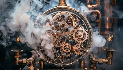 A steampunk clock made of brass and copper gears, with steam rising from vents around it