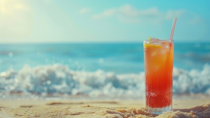 Obraz premium Refreshing summer drink with beach backdrop.