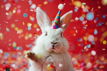 White Rabbit Celebrating with Confetti and Party Hat on Colorful Background
