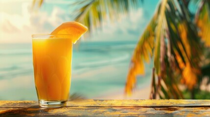 Refreshing summer drink with beach backdrop.