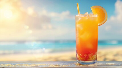 Obraz premium Refreshing summer drink with beach backdrop.