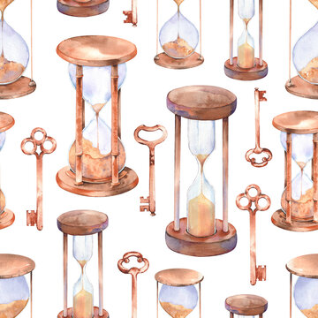 Seamless pattern with vintage keys and hourglasses. Hand painted watercolor illustration.
