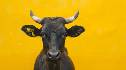 Cow Portrait in Pop Art Style on Yellow Background