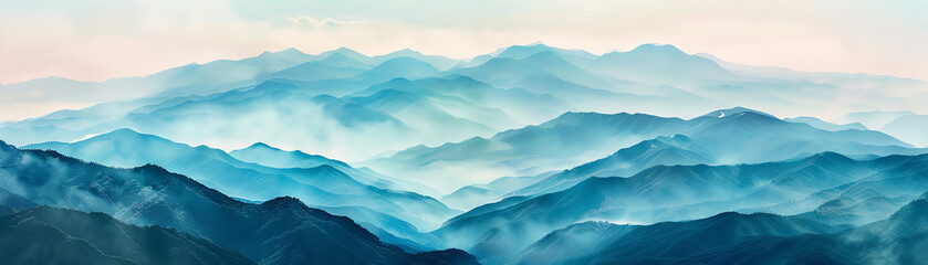 Explore an endless mountain range in a panoramic watercolor landscape