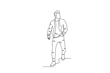 Continuous one line drawing of A man wearing a jacket and plain t-shirt. Stylish accessories man and women. Dynamic one line draw graphic design vector illustration
