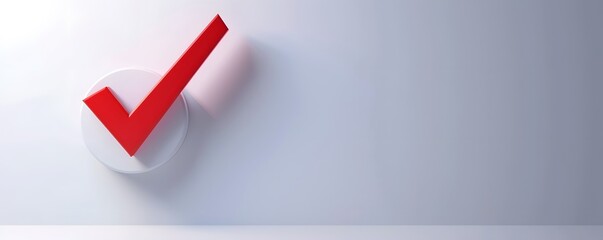 Banner with 3D Red check mark sign of success icon on a white background with copy space for text