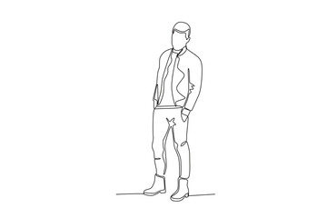Continuous one line drawing of A man wearing a jacket and plain t-shirt. Stylish accessories man and women. Dynamic one line draw graphic design vector illustration
