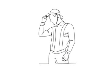 Continuous one line drawing of Man wearing suspenders and bowler hat. Stylish accessories man and women. Dynamic one line draw graphic design vector illustration
