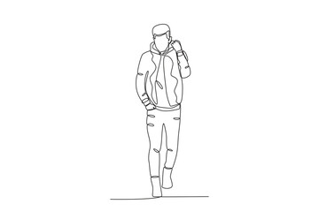 Continuous one line drawing of Man wearing sweater and jacket. Stylish accessories man and women. Dynamic one line draw graphic design vector illustration
