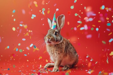 Festive rabbit wearing a party hat surrounded by confetti on a vibrant red background