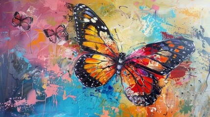 Obraz premium Colorful abstract butterfly painting: vibrant wings in motion, artistic vector illustration for backgrounds, designs, and decor