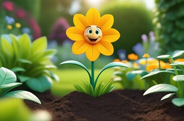 Cute yellow daisy flower sits in the ground and smiles against the background of the garden, the sun shines on the petals, a children's cartoon style illustration