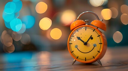 Vintage Orange Alarm Clock with Smiley Face and Bokeh Background