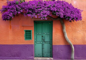 Violet house with violet flowers. Colorful houses in Burano island near Venice, Italy