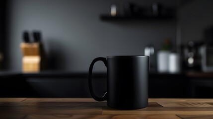 Black Coffee Mug on Wooden Counter in Dark Kitchen