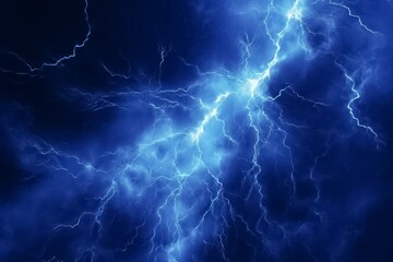 Lightning bolt or electric thunderbolt strikes in a stormy and cloudy blue night sky isolated on a dark background. Generative AI.