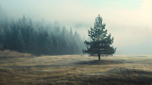 Lone Tree in Misty Meadow with Pine Forest Background