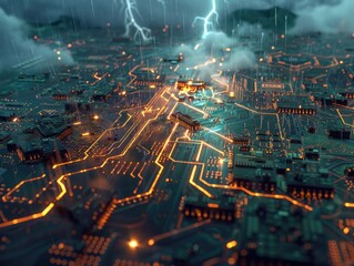 A dynamic 3D depiction of an urban tech landscape with neon lights and stormy weather.