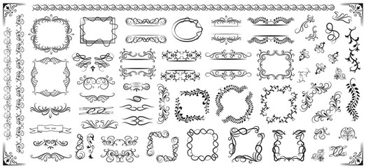 Calligraphic design elements . Decorative swirls or scrolls, vintage frames , flourishes, labels and dividers. Retro vector illustration