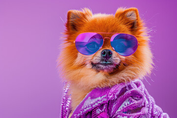 Surreal Pomeranian Puppy Wearing Sunglasses, Isolated on a Solid Pastel Background - Perfect for Commercial and Editorial Use