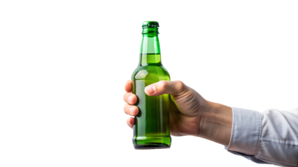 A hand grasps a full, cold soju bottle, likely at a bar for refreshment