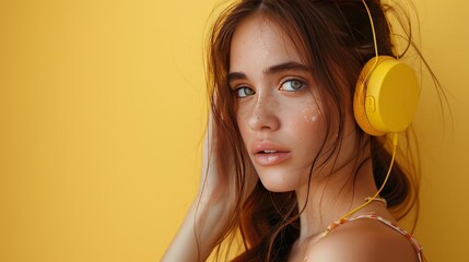 A woman wearing yellow headphones closes her eyes, immersing herself in the music