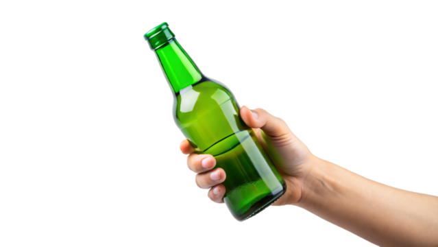 A hand grasps a full, cold soju bottle, likely at a bar for refreshment