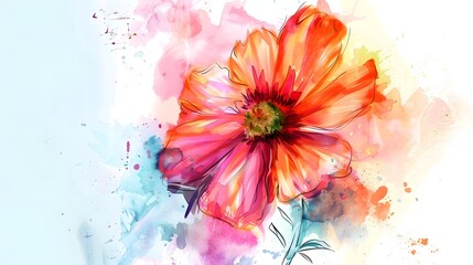 Bright Watercolor Painting of Red and Pink Flower with Splashes of Color