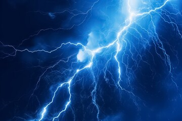 Lightning bolt or electric thunderbolt strikes in a stormy and cloudy blue night sky isolated on a dark background. Generative AI.