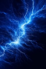 Lightning bolt or electric thunderbolt strikes in a stormy and cloudy blue night sky isolated on a dark background. Generative AI.