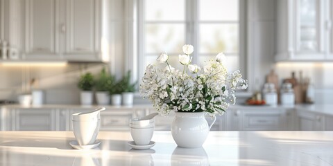 table with vase with white flowers in the kitchen