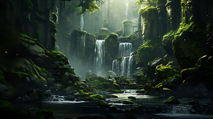 Mossy Waterfall Rocks: Depict the lush greenery surrounding falling water.