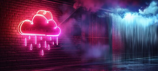 A glowing neon sign depicting a rain cloud against a dark backdrop, with simulated rainfall. The projected light on the wall creates an immersive illusion of being caught in the rain.