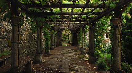 A long stone walkway covered by a pergola with overgrown vines creates a beautiful and secluded path.