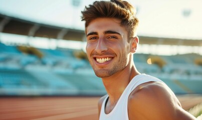 Smiling young man standing on running track in front of stadium on a sunny day