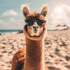 Naklejka premium A tight shot of a person donning sunglasses, with a llamas standing near the camera, on a sandy beach