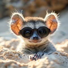 Naklejka premium A tight shot of a small animal donning sunglasses against its face, set against a backdrop of sand and stones