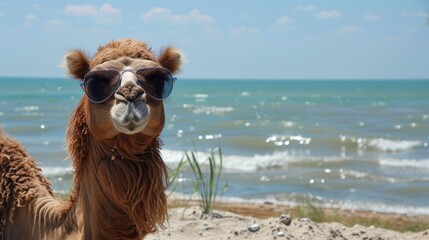 Fototapeta premium Close-up of camel in sunglasses on sandy beach against backdrop of tranquil water and clouded sky