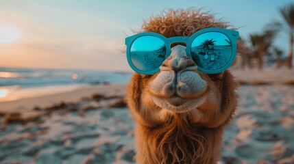   A tight shot of a llamas donning sunglasses on a sandy beach, with the vast ocean as the backdrop and swaying palm trees in the background