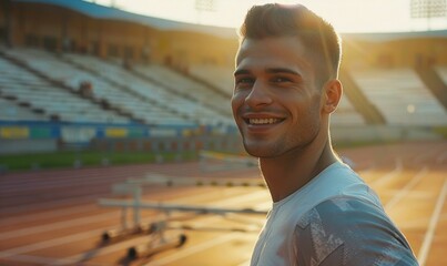 Man smiling on running track at sunset, enjoying outdoor exercise and physical activity in beautiful golden hour light