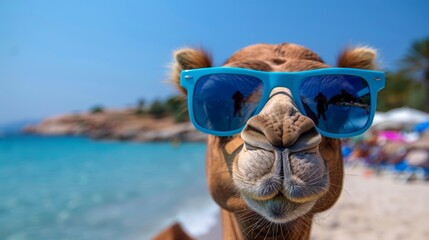 Fototapeta premium A camel wearing sunglasses in a tight close-up, background features a bustling beach scene populated by people