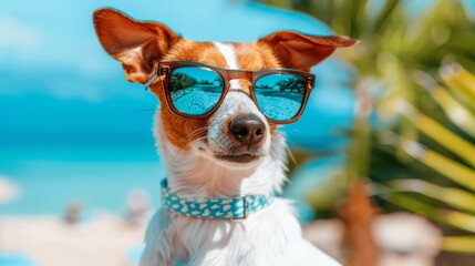   A tight shot of a pooch donning sunglasses, beach backdrop, palm tree in the foreground