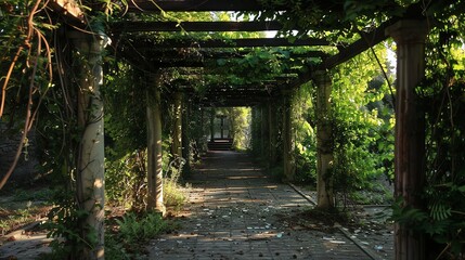 A long, overgrown walkway leads to a wooden door. The walkway is surrounded by tall columns and lush greenery.