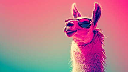 Naklejka premium A llama wearing sunglasses, against a backdrop of pink and blue skies